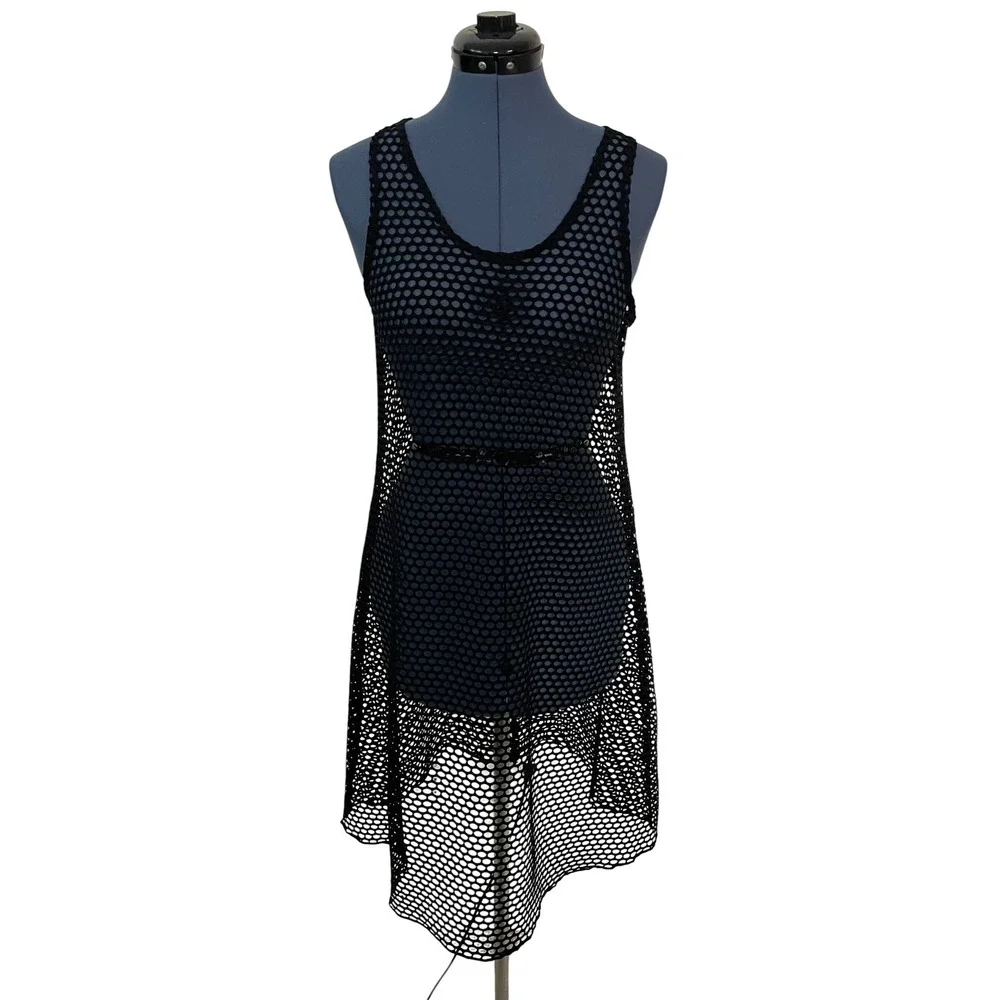 J Valdi‎ Womens Black Mesh Honeycomb Sleeveless Swim Cover Up Dress Resortwear M